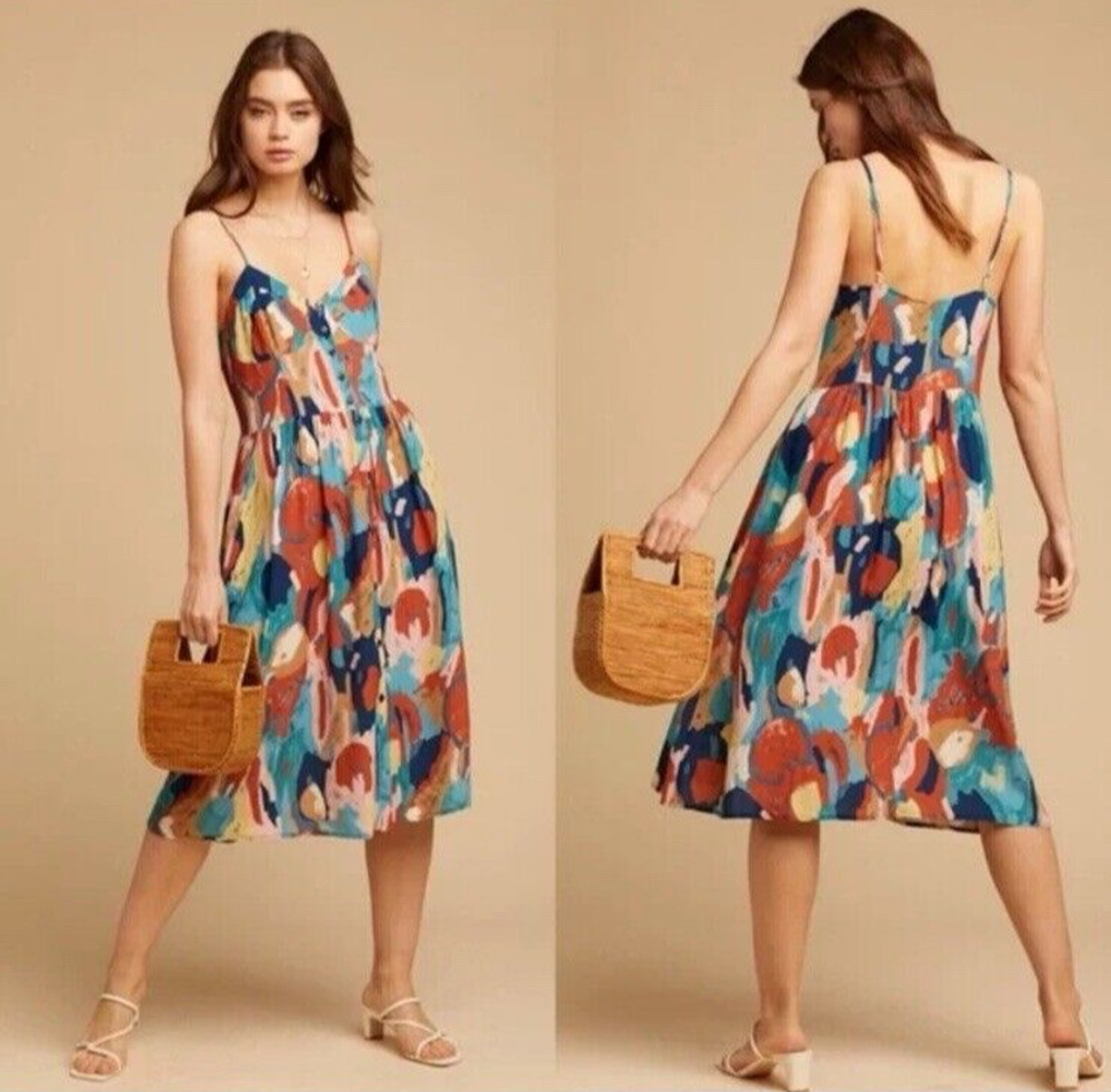 ROLLA'S The Eve Painted Tulip Watercolor Midi Button-Up Dress XS